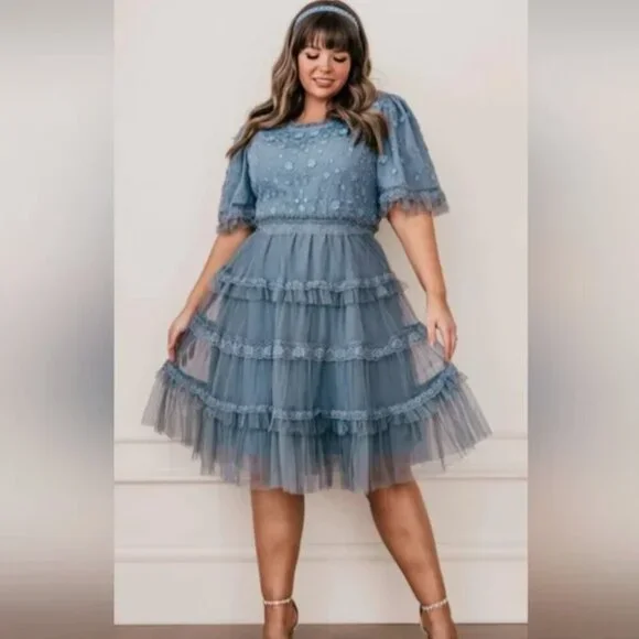 JessaKae | Harper Dress Embroidered Tulle Tiered Midi Dress Slate Blue Size XL - Picture 2 of 13